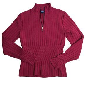 NILS Ribbed Zip-Front Mock Neck Sweater Red Textured Waist Detail M